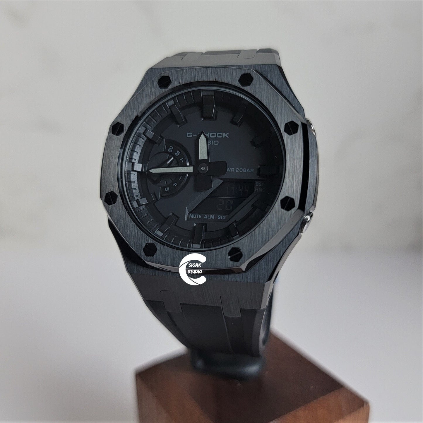 Casioak Mod Watch Black Case Black Rubber Strap Black Time Mark Black Dial 44mm - Casioak Studio