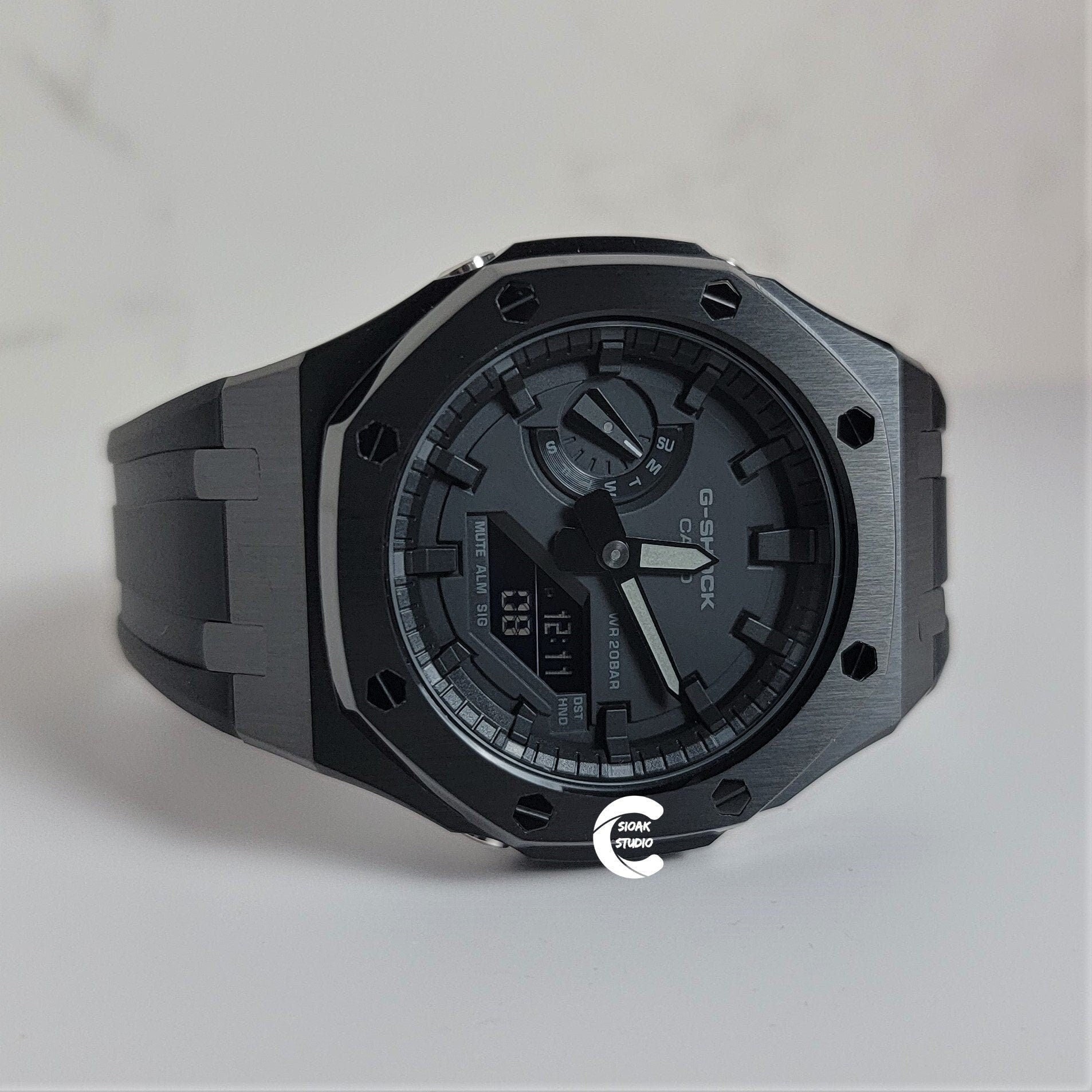 Casioak Mod Watch Black Case Black Rubber Strap Black Time Mark Black Dial 44mm - Casioak Studio