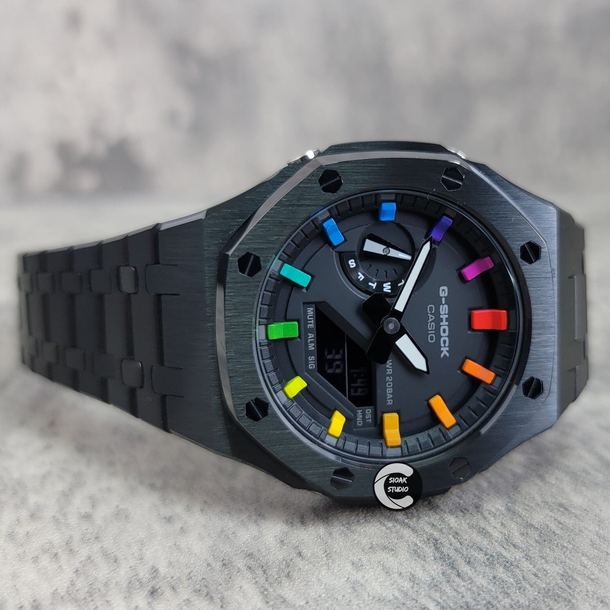 Casioak Mod Watch Black Case Metal Strap Black Rainbow Time Mark Black Dial 44mm - Casioak Studio