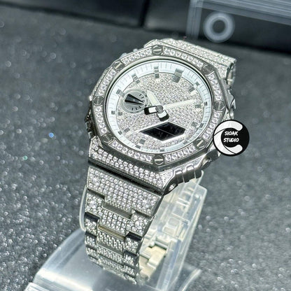 Casioak Mod Watch Diamond Silver Case Metal Strap White Silver Time Mark Diamond Dial 44mm - Casioak Studio
