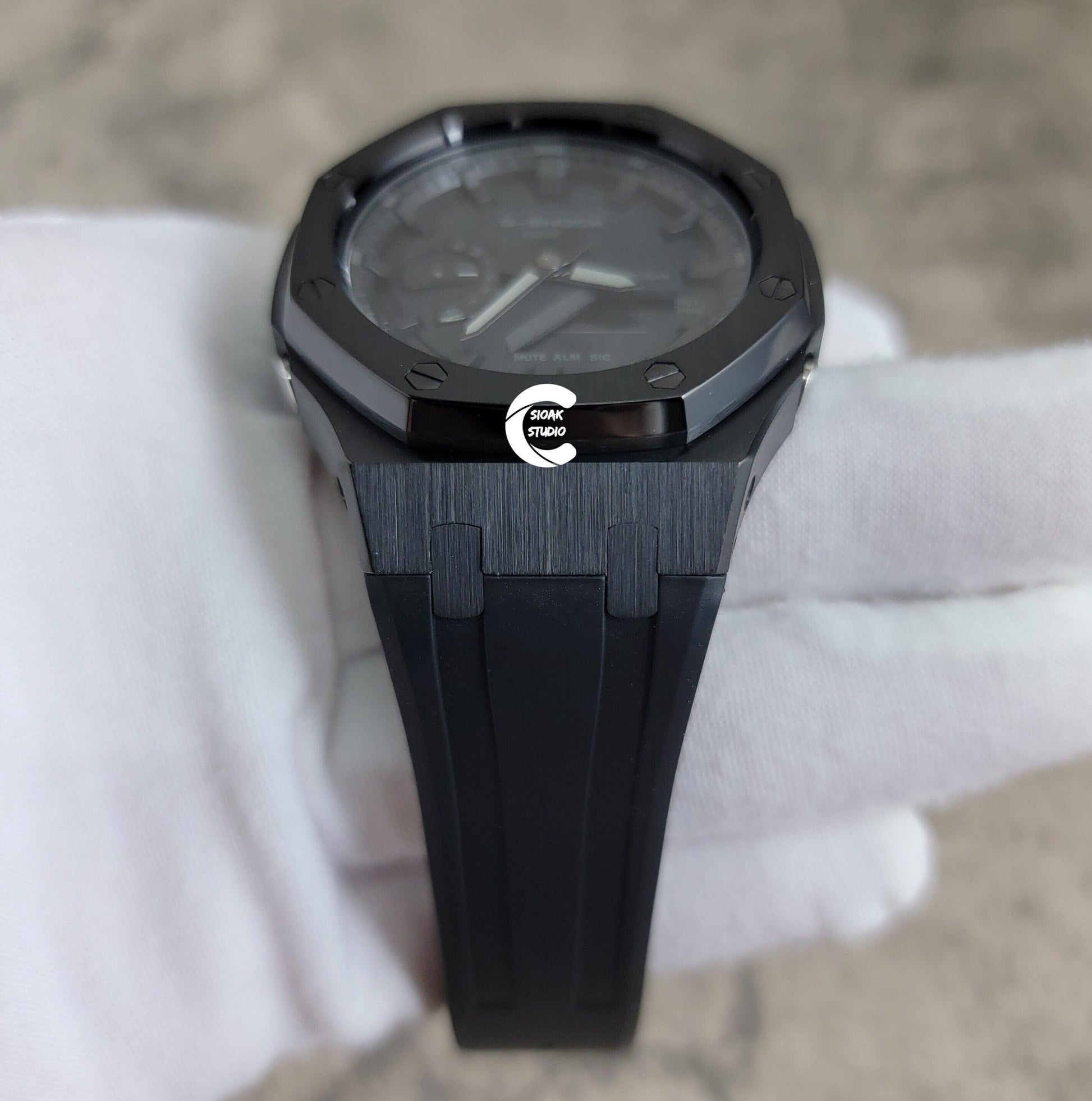 Casioak Mod Watch Black Case Black Rubber Strap Black Time Mark Black Dial 44mm - Casioak Studio