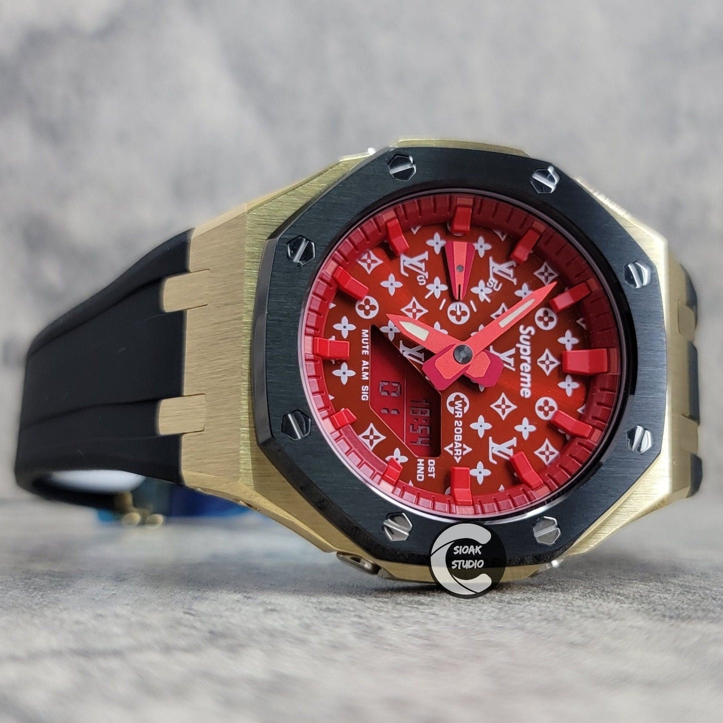 Casioak Mod Watch Black Gold Case Black Rubber Strap Red Time Mark Red Dial 44mm - Casioak Studio