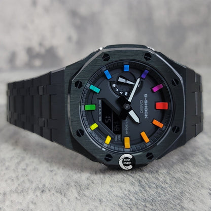 Casioak Mod Watch Black Case Metal Strap Black Rainbow Time Mark Black Dial 44mm - Casioak Studio