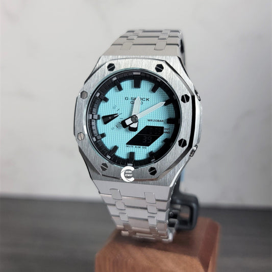 Casioak Mod Watch Silver Case Metal Strap Black Time Mark Tiffany Blue Dial 44mm - Casioak Studio