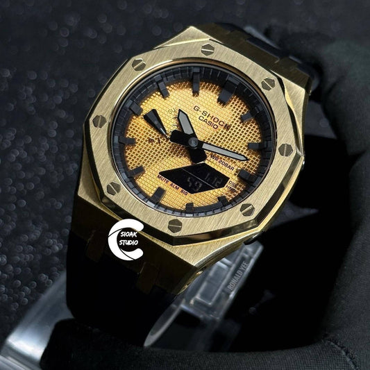 Casioak Mod Watch Gold Case Black Rubber Strap Black Time Mark Gold Dial 44mm - Casioak Studio