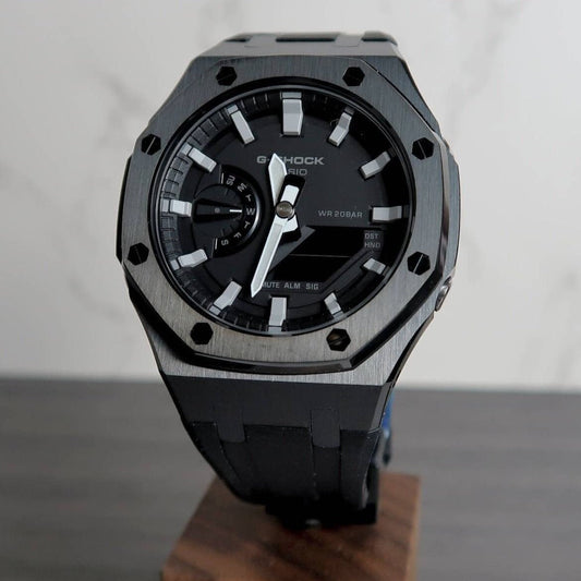 Casioak Mod Watch Black Case Black Rubber Strap Black Gray Time Mark Black Dial 44mm - Casioak Studio