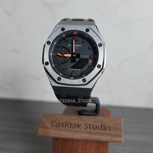Casioak Mod Watch Gray Case Black Rubber Strap Black Time Mark Black Dial 44mm Orange - Casioak Studio