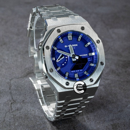 Casioak Mod Watch Silver Case Metal Strap Blue Silver Time Mark Blue Dial 44mm - Casioak Studio