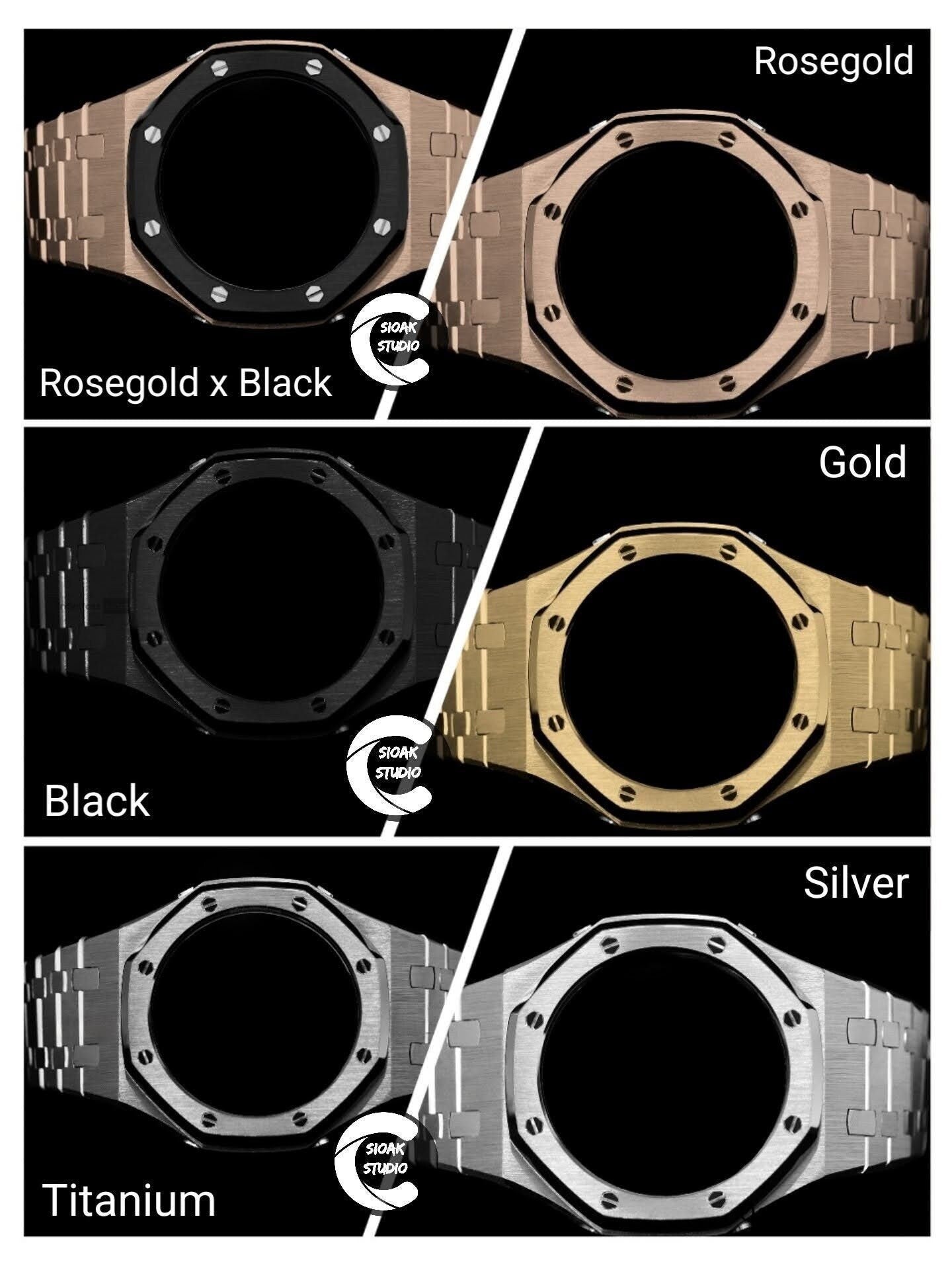 Casioak Mod Watch Silver Case Metal Strap Black Rose Gold Time Mark Black Dial 44mm - Casioak Studio