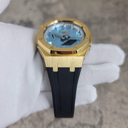Casioak Mod Watch Gold Case Black Rubber Strap Silver Time Mark Ice  Blue Dial 44mm - Casioak Studio