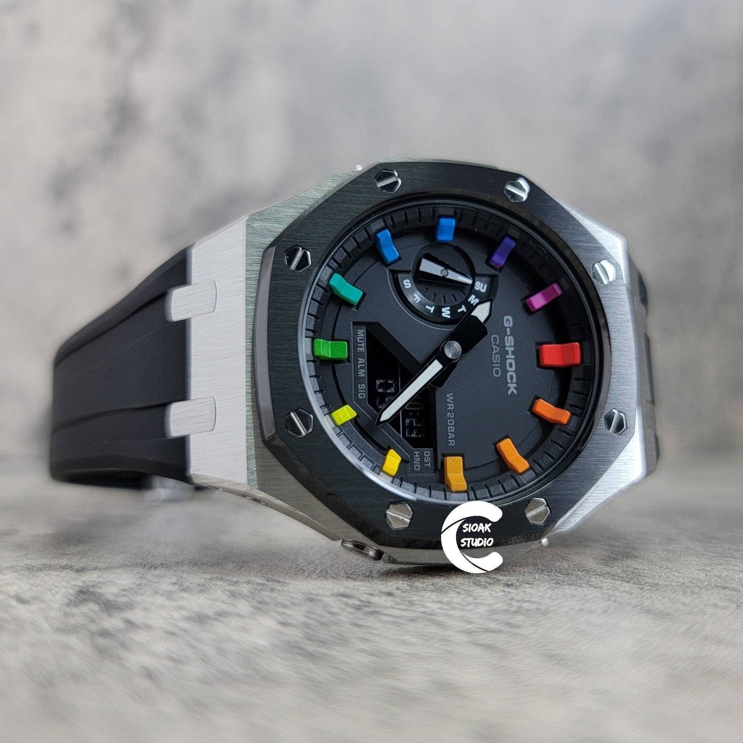 Casioak Mod Watch Black Silver Case Black Rubber Strap Black Rainbow Time Mark Black Dial 44mm - Casioak Studio