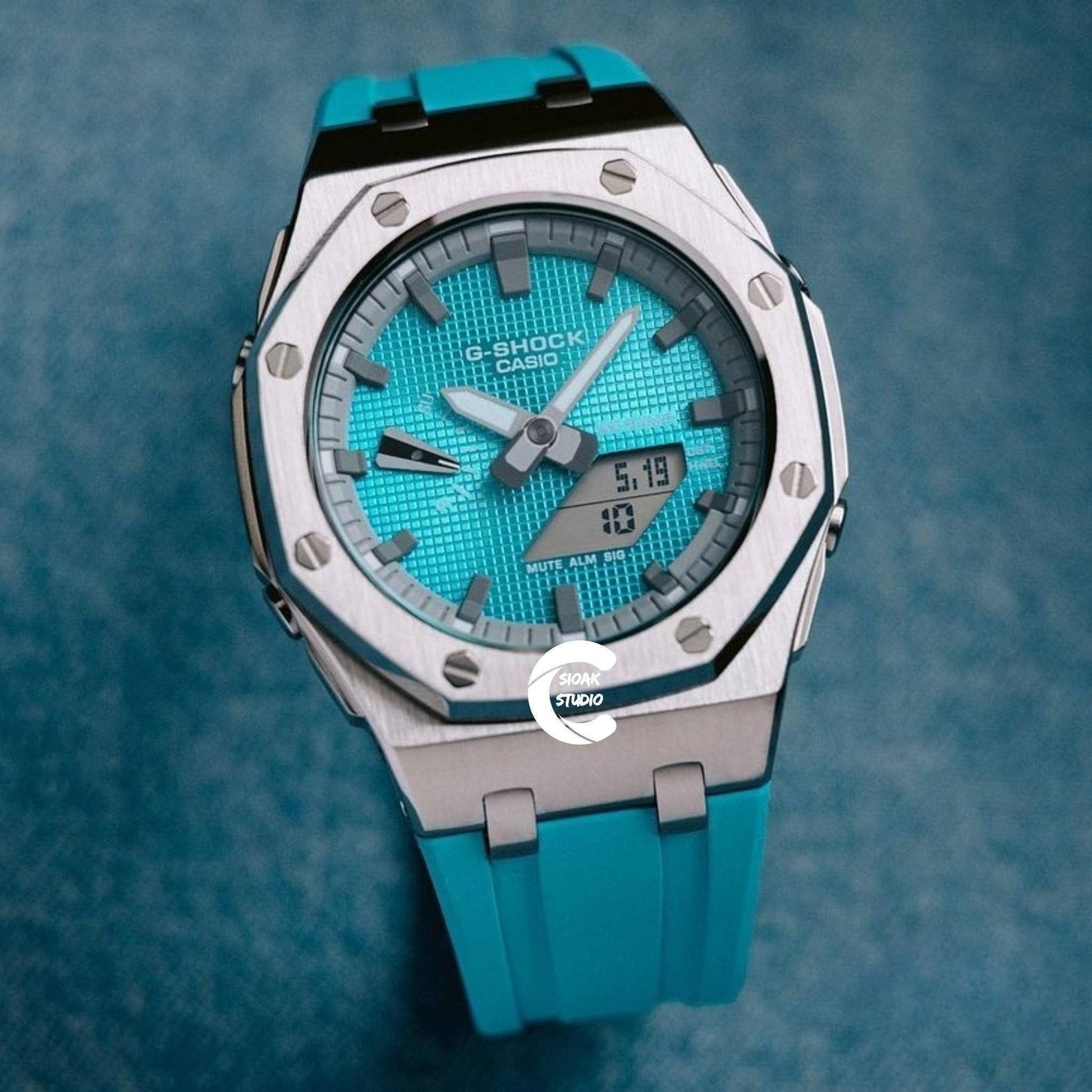 Casioak Mod Watch Offshore Superior Silver Case Tiffany Rubber Strap Gray Time Mark  Tiffany Blue Dial 44mm - Casioak Studio