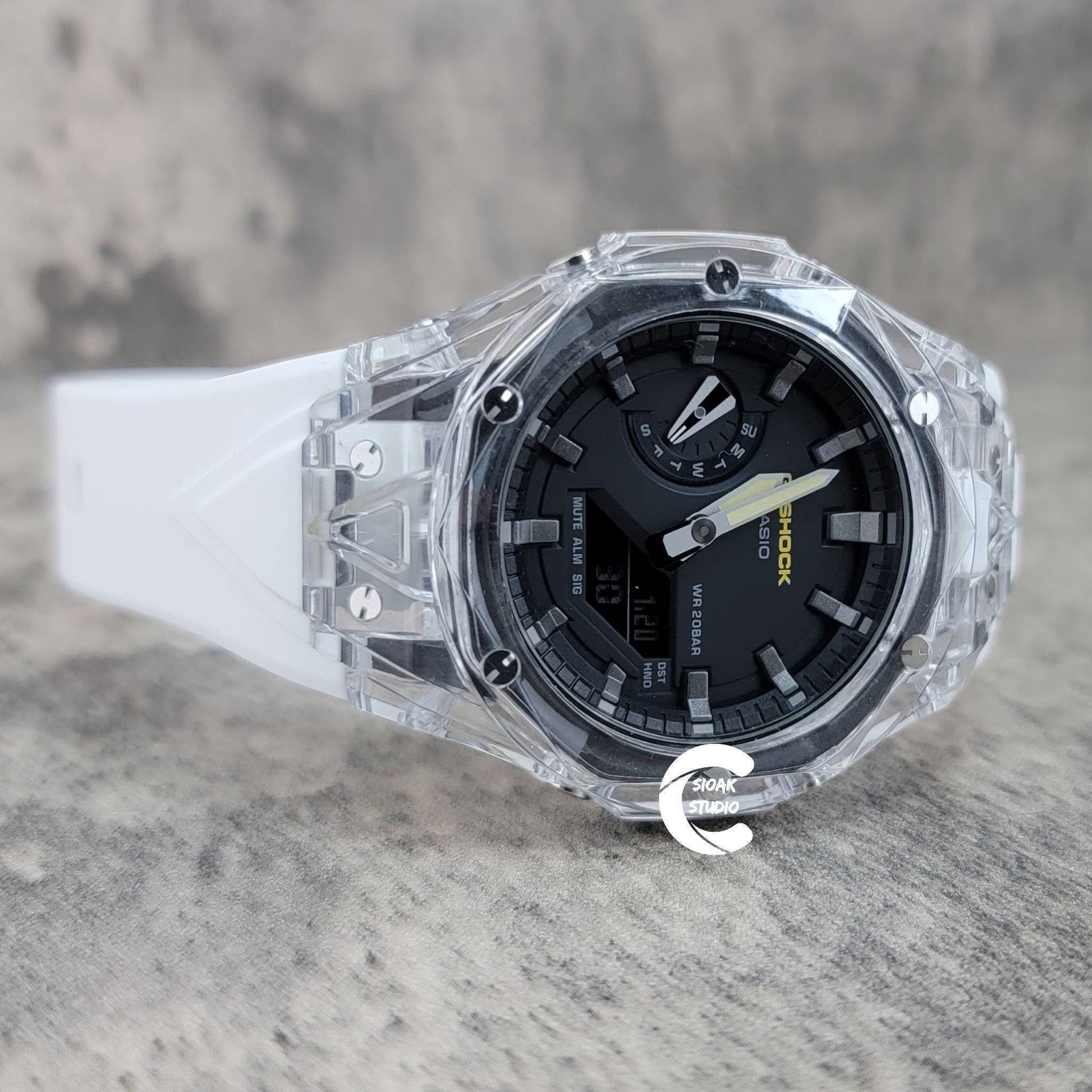 Casioak Mod Watch Transparent Case White Strap Black Gray Time Mark Black Dial 44mm - Casioak Studio