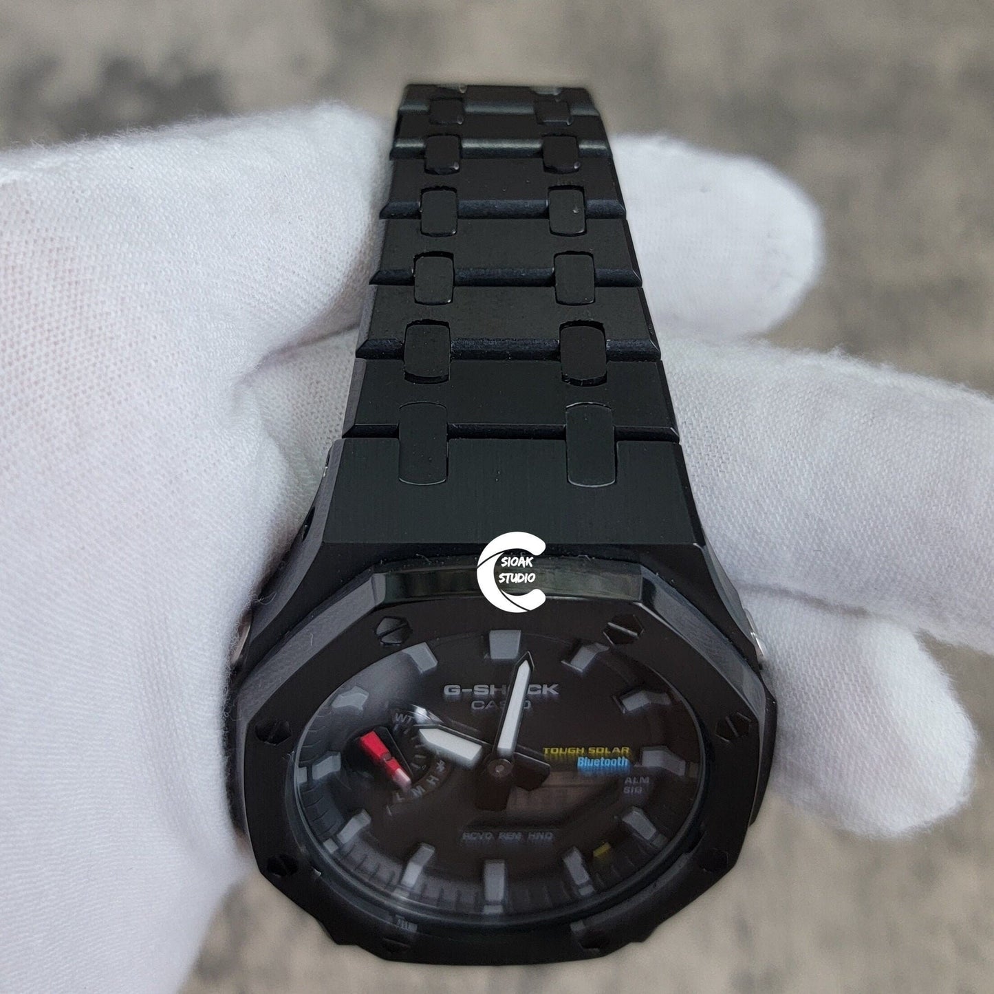 Casioak Mod Watch Solar Bluetooth Black Case Metal Strap Black Gray Time Mark Black Dial 44mm - Casioak Studio
