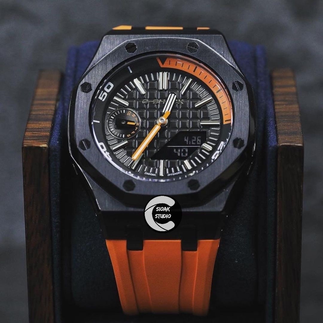 Casioak Mod Watch NEW Offshore Superior Black Case Orange Rubber Strap Orange Black Time Mark Black Dial 44mm Sapphire Glass - Casioak Studio