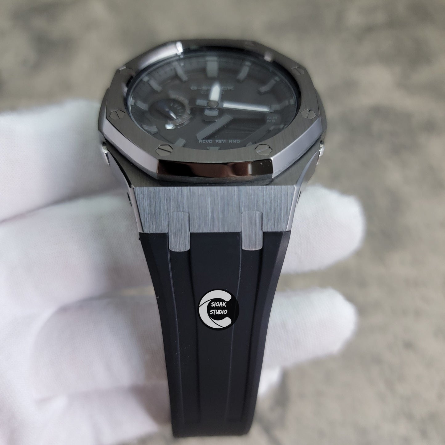 Casioak Mod Watch Solar Bluetooth Gray Case Black Rubber Strap Black Gray Time Mark Black Dial 44mm - Casioak Studio