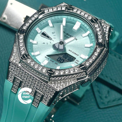 Casioak Mod Watch Diamond Silver Case Tiffany Strap Tiffany White Time Mark Green Dial 44mm - Casioak Studio