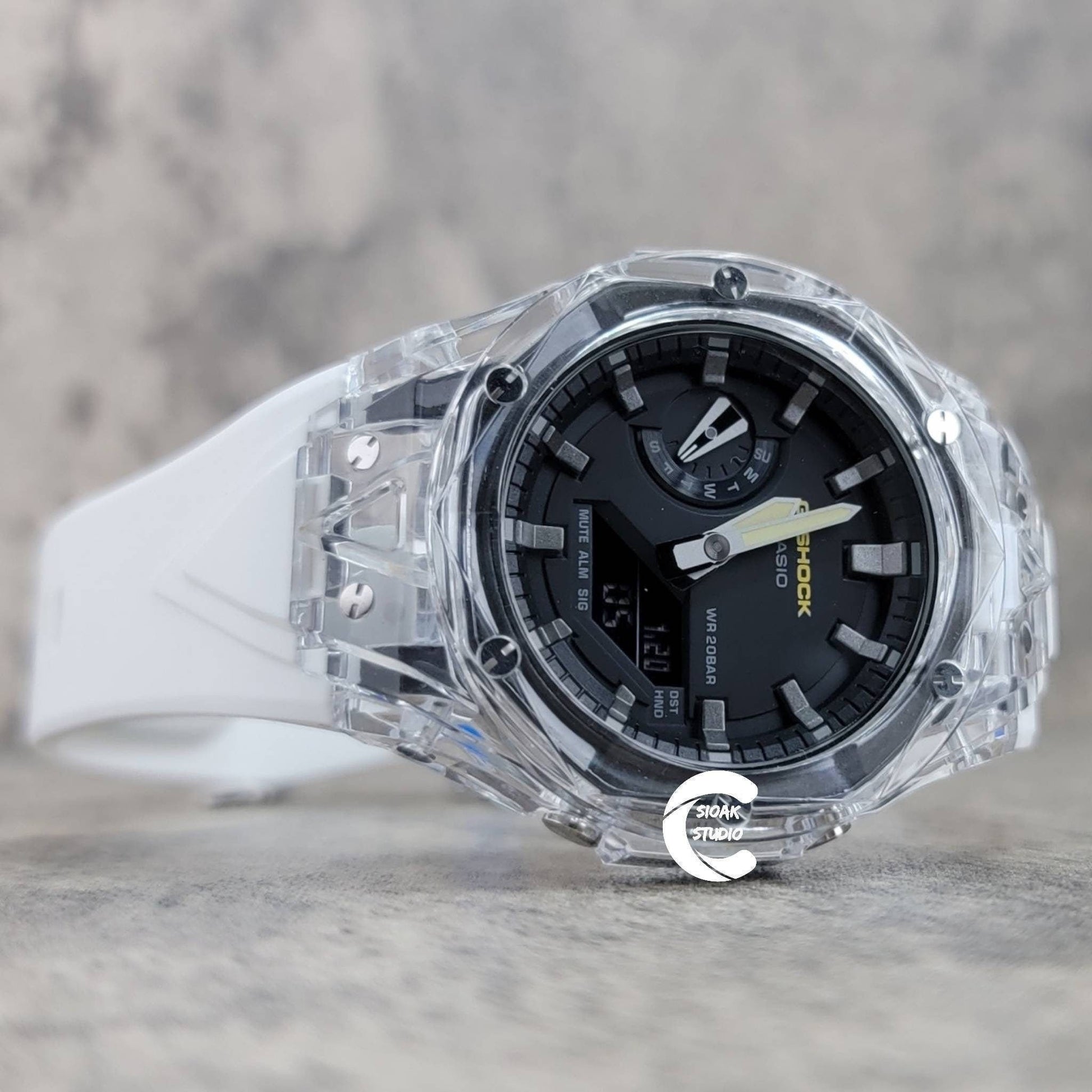 Casioak Mod Watch Transparent Case White Strap Black Gray Time Mark Black Dial 44mm - Casioak Studio