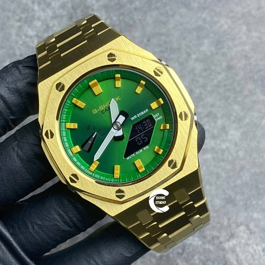 Casioak Mod Watch Gold Case Metal Strap  Green Gold Time Mark  Green Dial 44mm - Casioak Studio