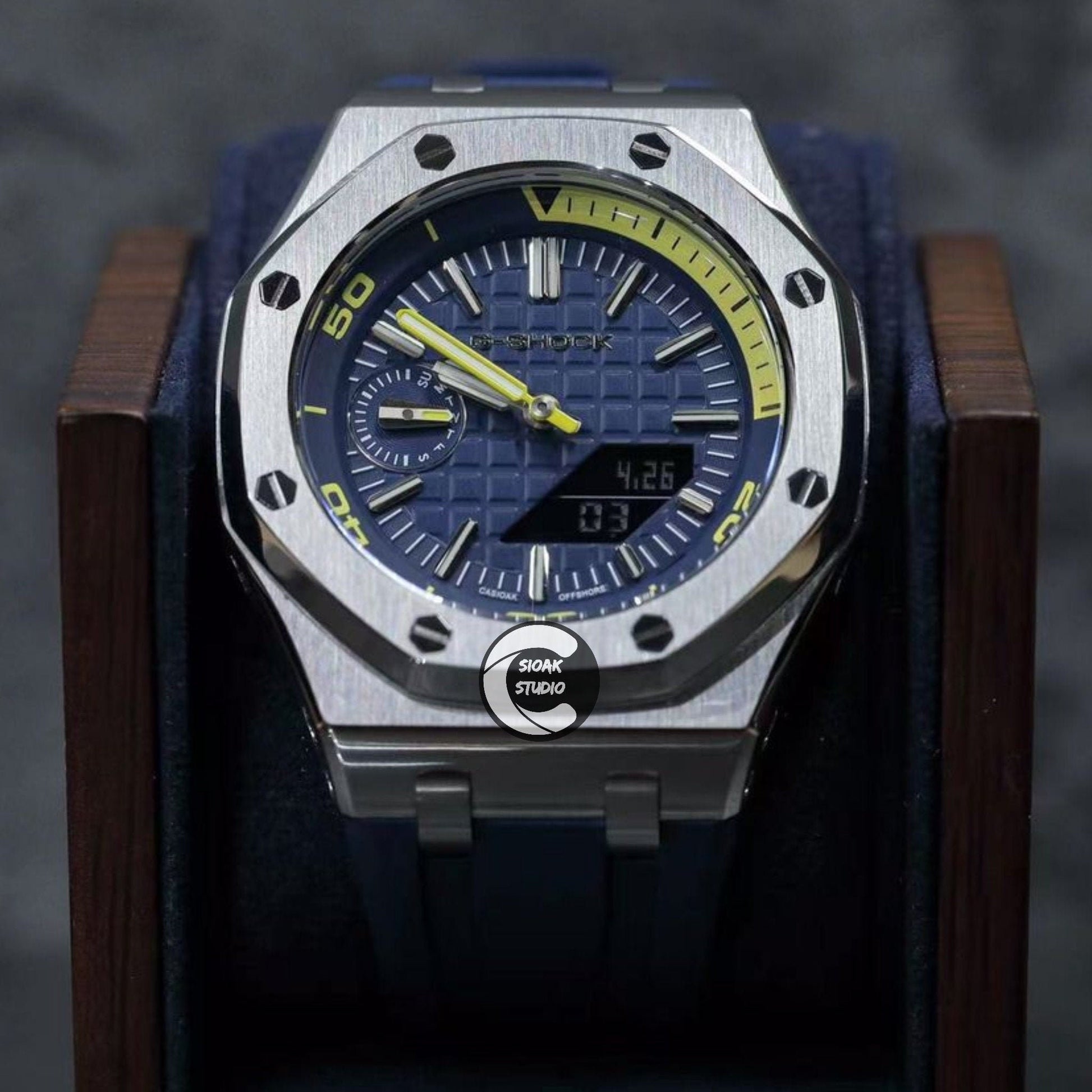 Casioak Mod Watch NEW Offshore Superior Silver Case Blue Rubber Strap Blue Time Mark Blue Dial 44mm Sapphire Glass - Casioak Studio