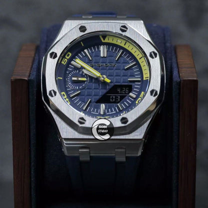 Casioak Mod Watch NEW Offshore Superior Silver Case Blue Rubber Strap Blue Time Mark Blue Dial 44mm Sapphire Glass - Casioak Studio