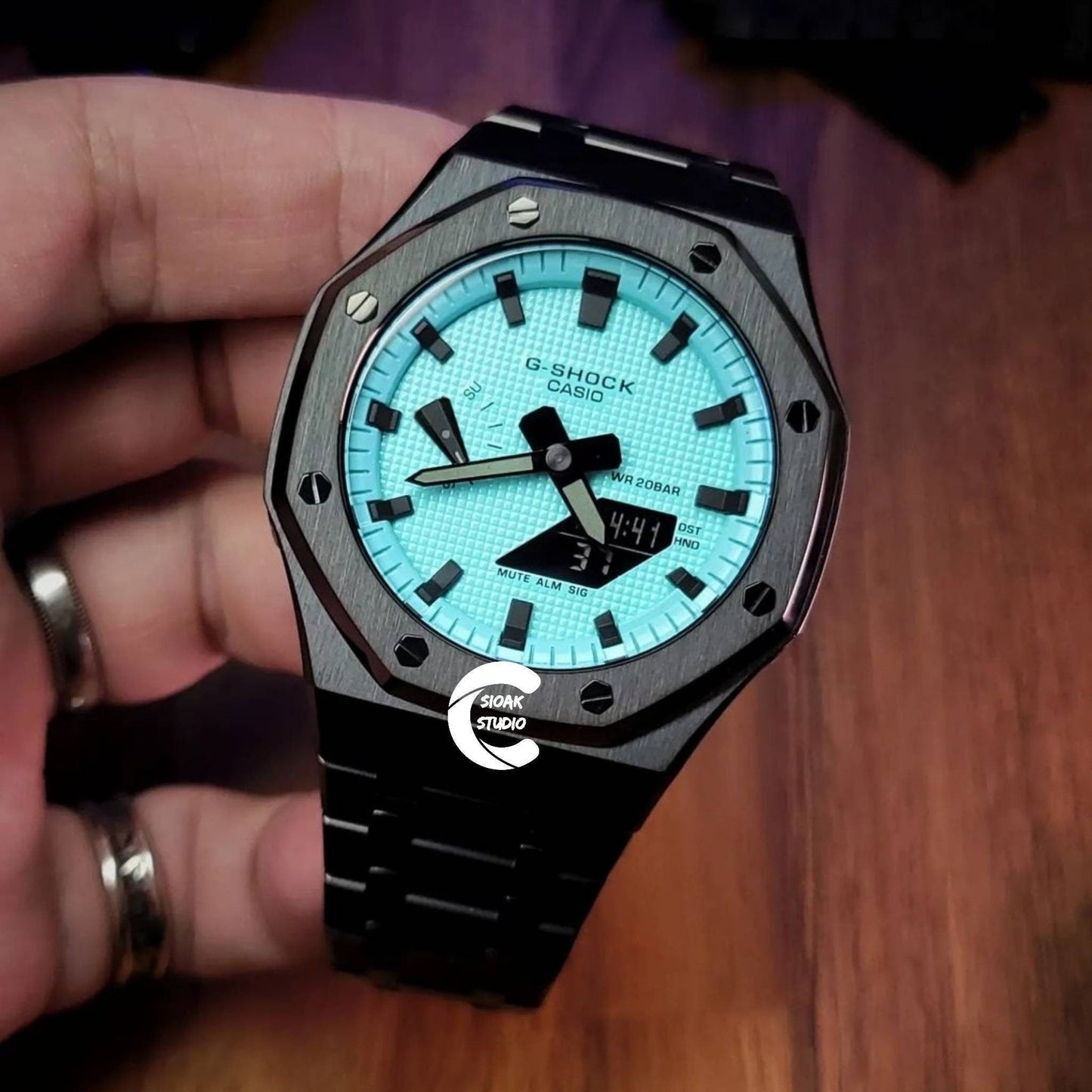 Casioak Mod Watch Black Case Metal Strap Tiffany Black Time Mark Tiffany Blue Dial 44mm - Casioak Studio