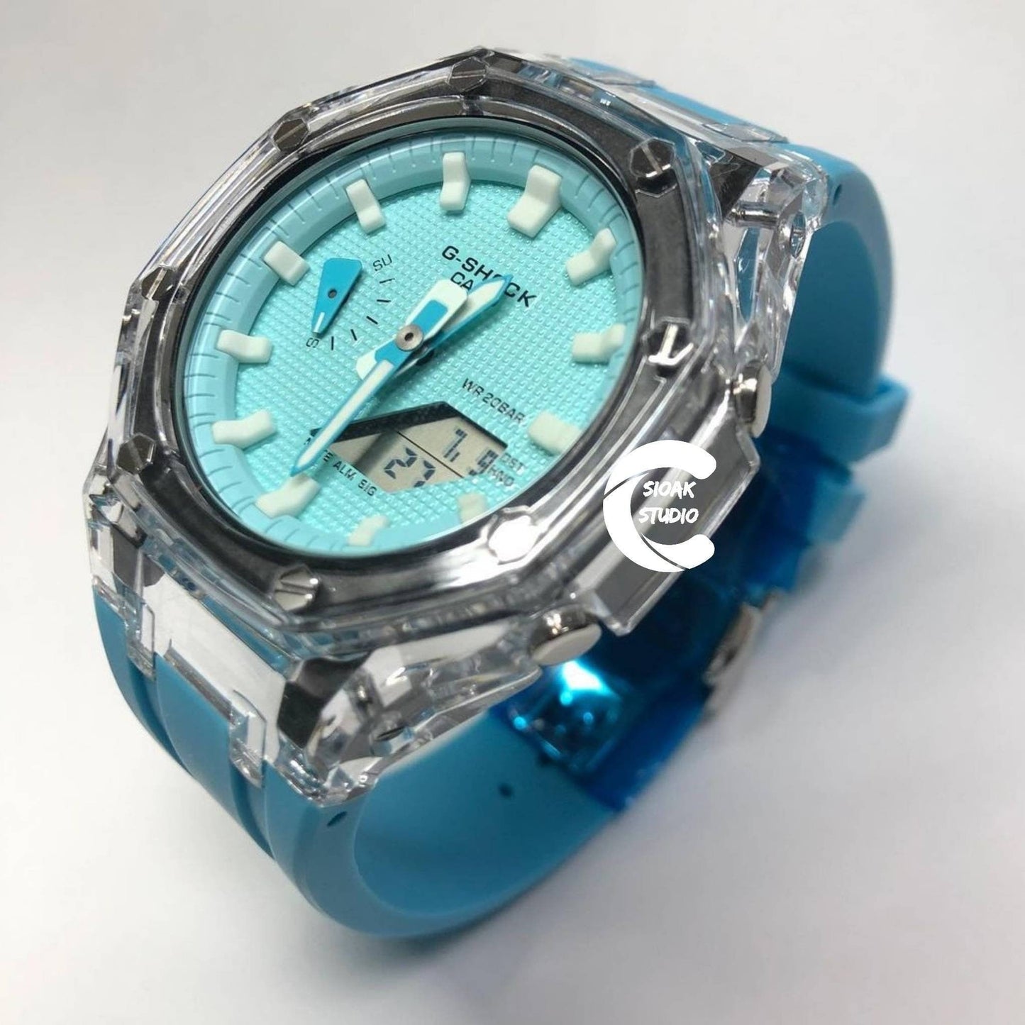 Casioak Mod Watch Transparent Case Blue Strap Tiffany White Time Mark Tiffany Blue Dial 44mm - Casioak Studio