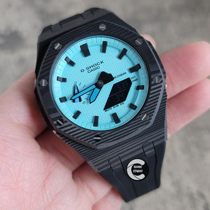Casioak Mod Watch Carbon Fiber Black Case Black Strap Tiffany Black Time Mark Tiffany Dial 44mm - Casioak Studio