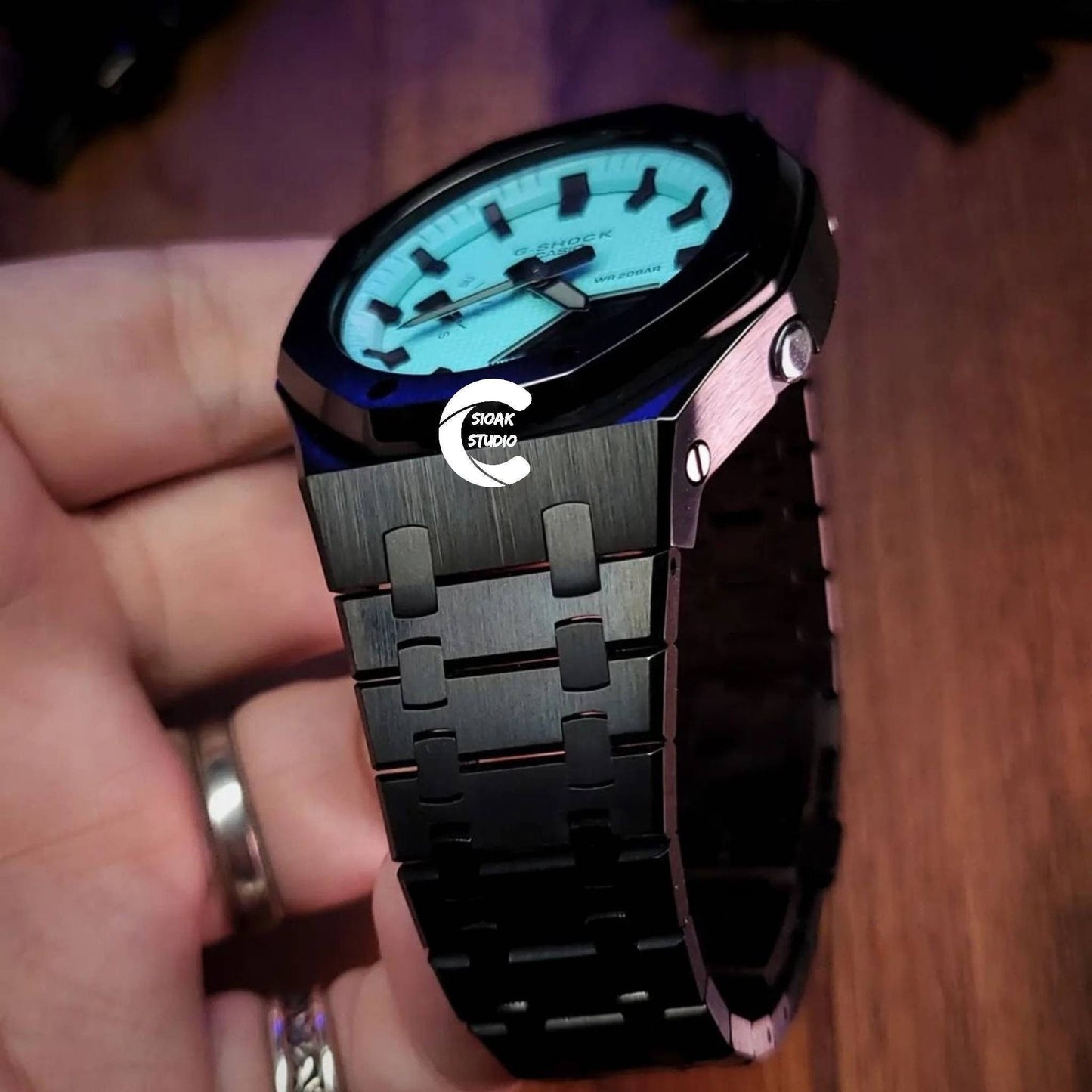 Casioak Mod Watch Black Case Metal Strap Tiffany Black Time Mark Tiffany Blue Dial 44mm - Casioak Studio