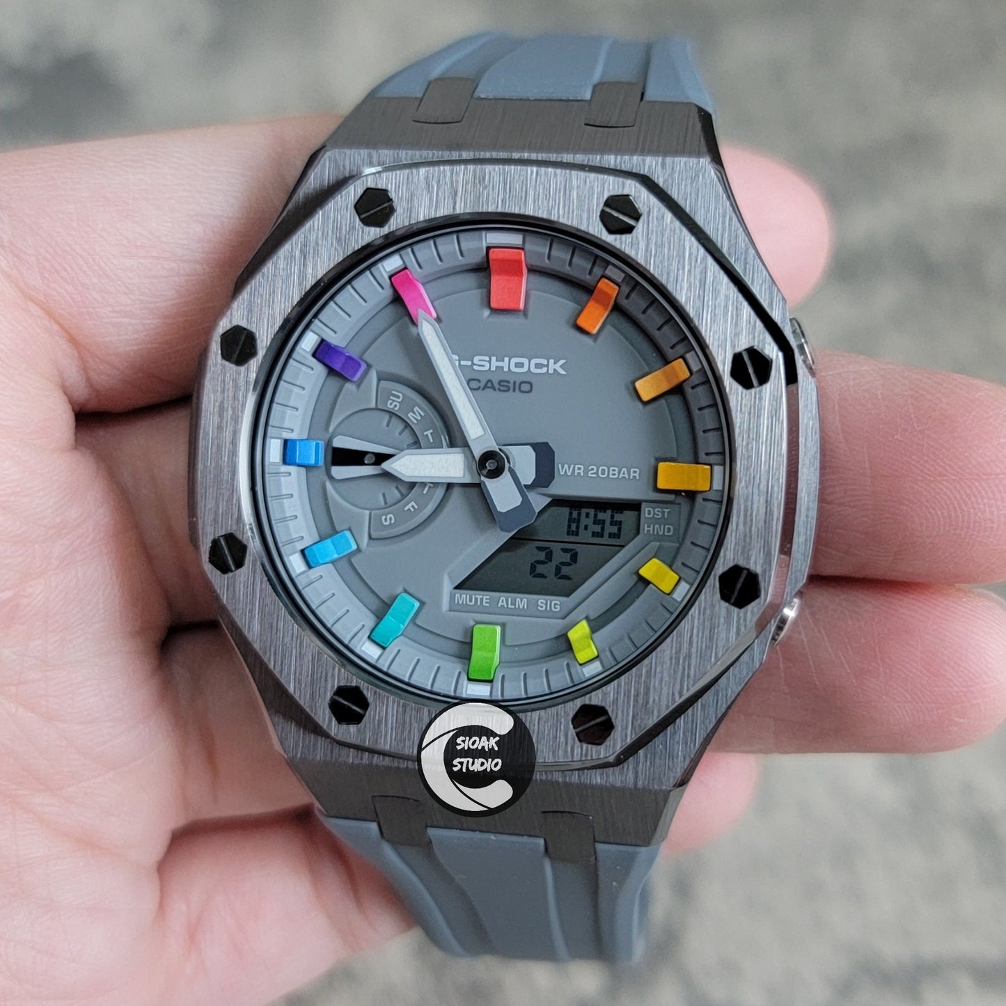 Casioak Mod Watch Grey Case Gray Rubber Strap Gray Rainbow Time Mark Gray Dial 44mm - Casioak Studio