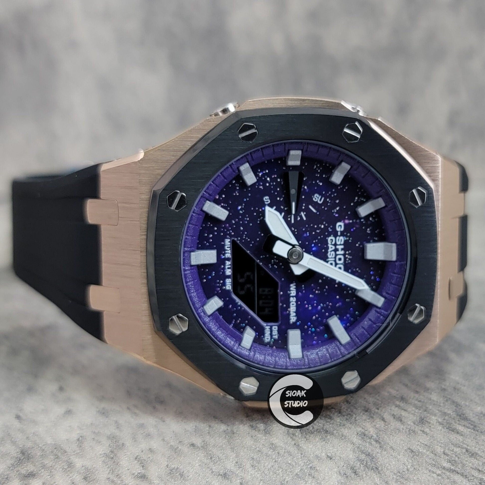 Casioak Mod Watch Black Rose Gold Case Black Rubber Strap Purple Silver Time Mark Purple Dial 44mm     Christ - Casioak Studio