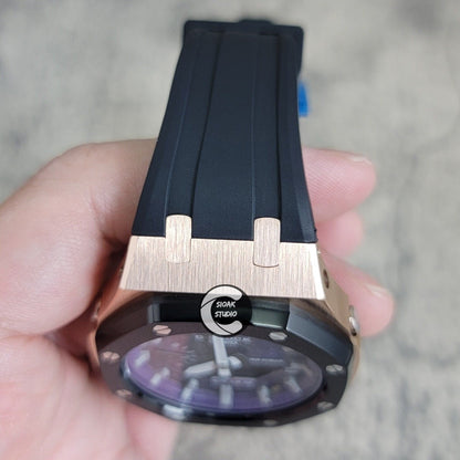 Casioak Mod Watch Black Rose Gold Case Black Rubber Strap Purple Silver Time Mark Purple Dial 44mm     Christ - Casioak Studio