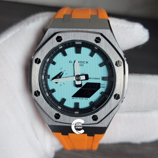 Casioak Mod Watch Gray Case Orange Rubber Strap Black Time Mark Tiffany Blue Dial 44mm - Casioak Studio