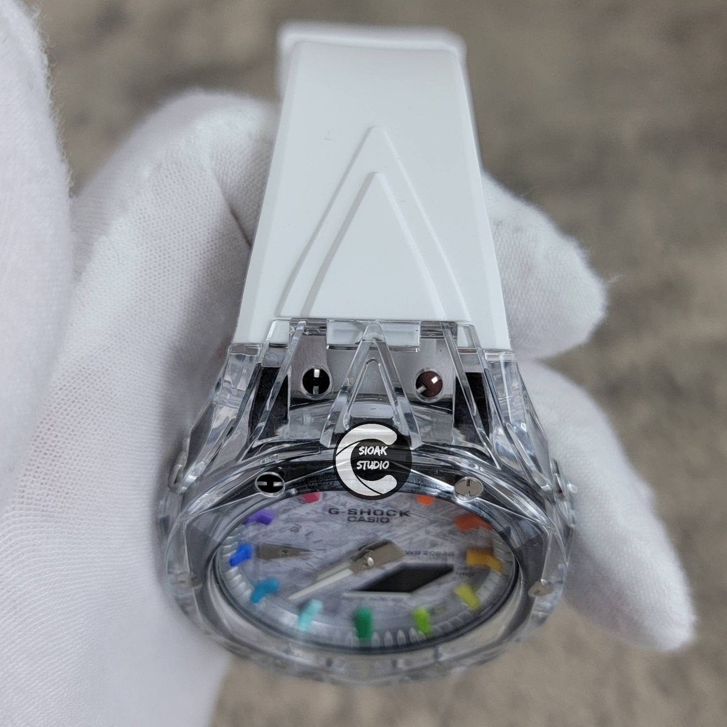 Casioak Mod Watch Transparent Case White Strap Silver Rainbow Time Mark Meteorite Dial 44mm - Casioak Studio