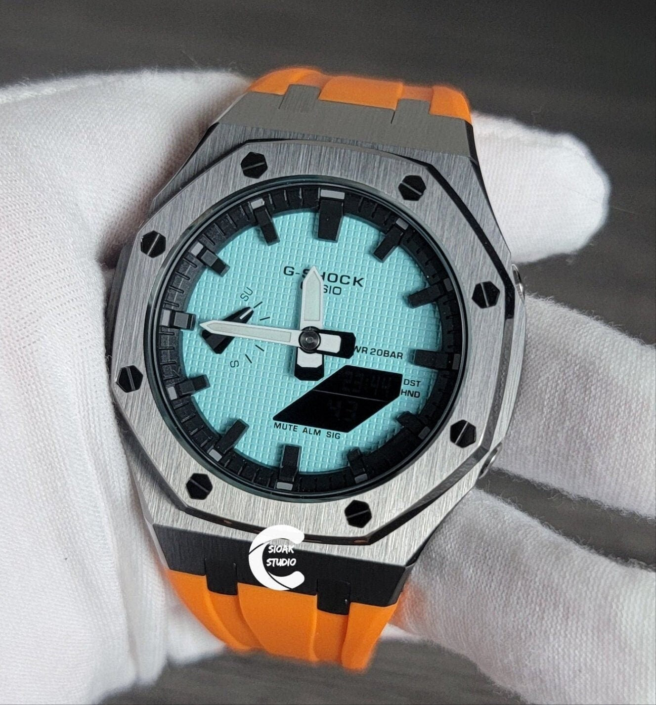 Casioak Mod Watch Gray Case Orange Rubber Strap Black Time Mark Tiffany Blue Dial 44mm - Casioak Studio