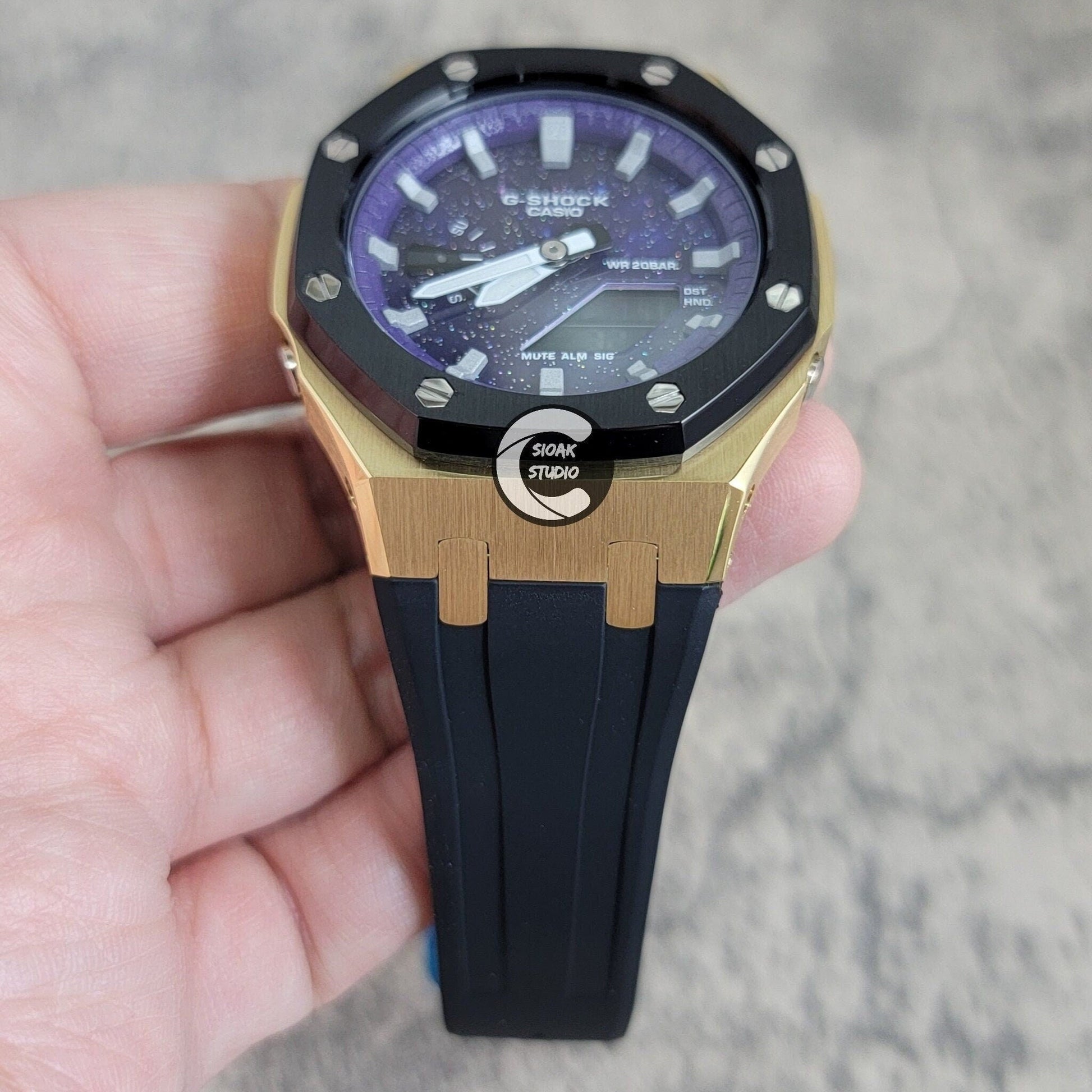 Casioak Mod Watch Black Gold Case Black Rubber Strap Purple Silver Time Mark Purple Dial 44mm - Casioak Studio