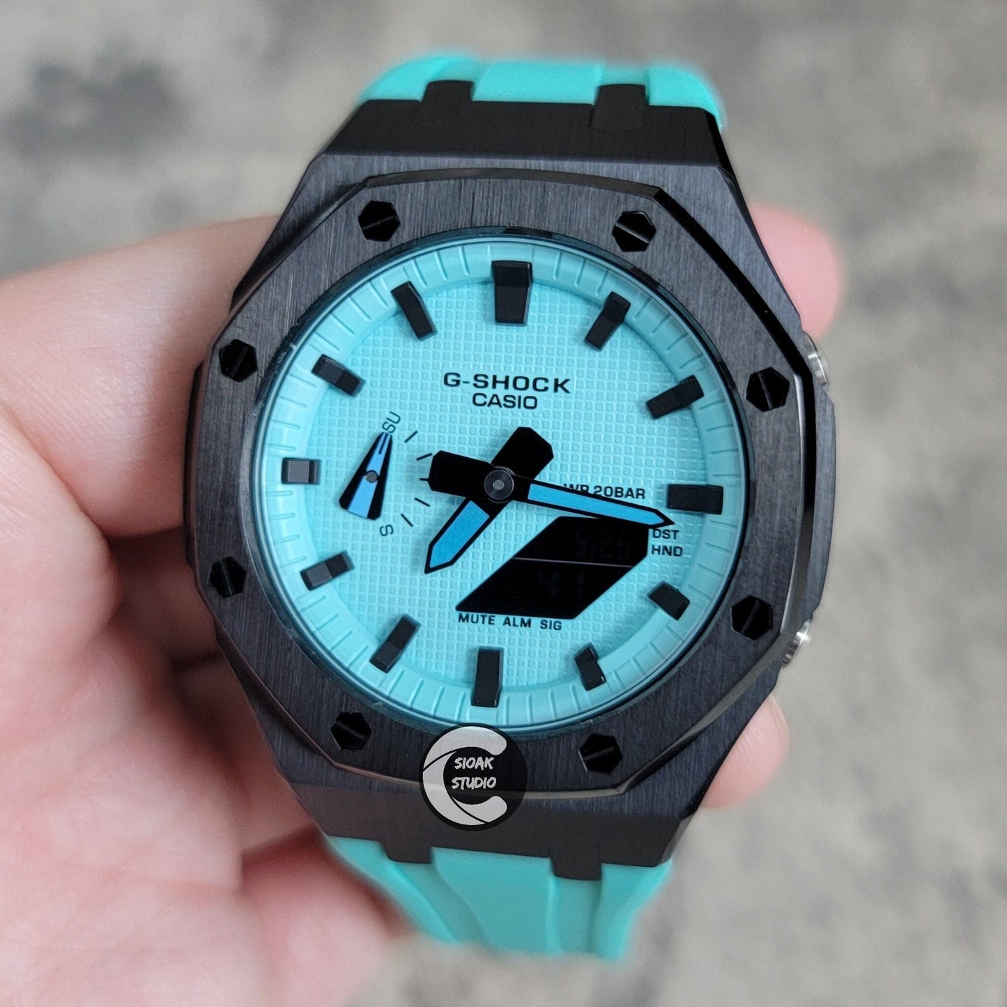 Casioak Mod Watch Black Case Tiffany Rubber Strap Tiffany Time Mark Tiffany Blue Dial 44mm - Casioak Studio