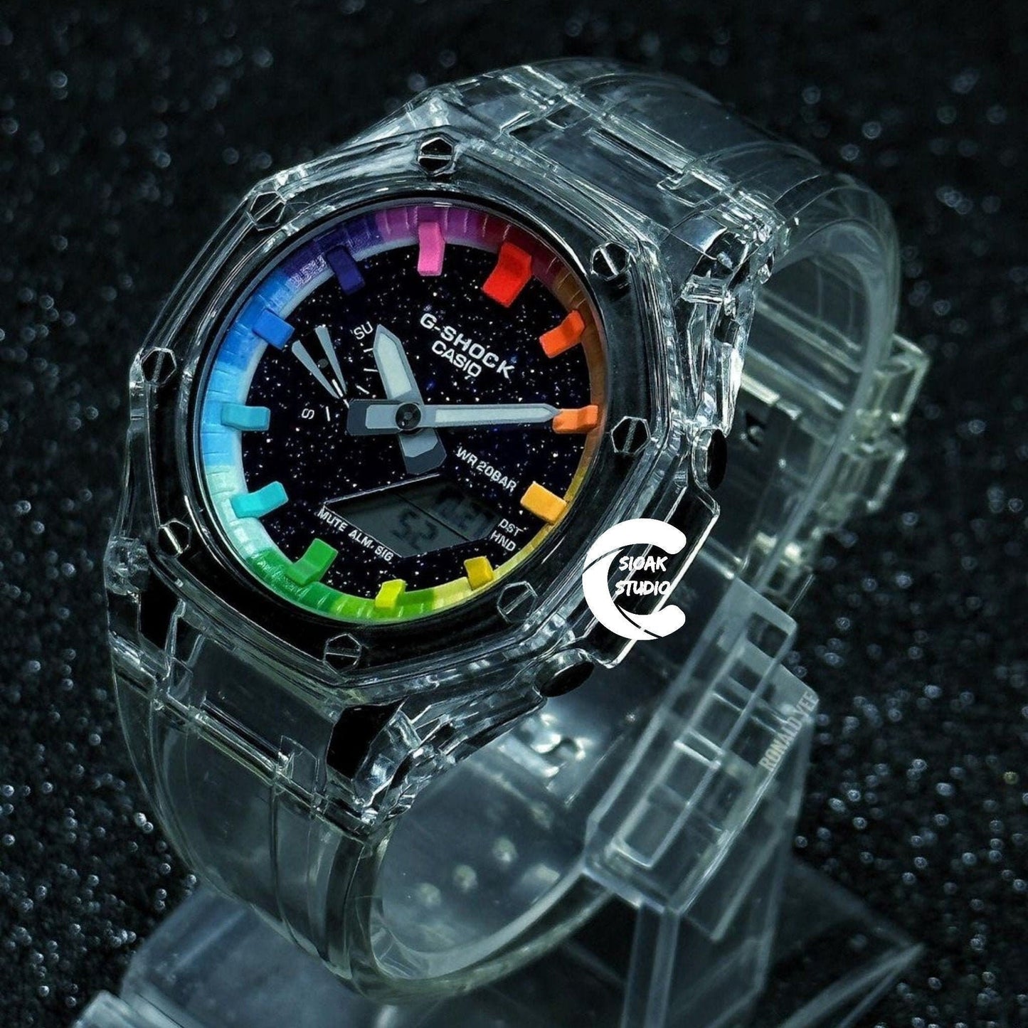 Casioak Mod Watch Transparent Case Strap Rainbow Time Mark Purple Dial 44mm - Casioak Studio