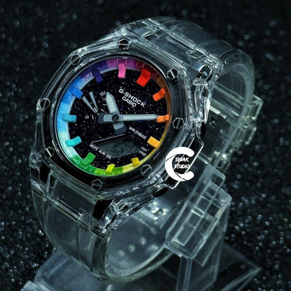 Casioak Mod Watch Transparent Case Strap Rainbow Time Mark Purple Dial 44mm - Casioak Studio