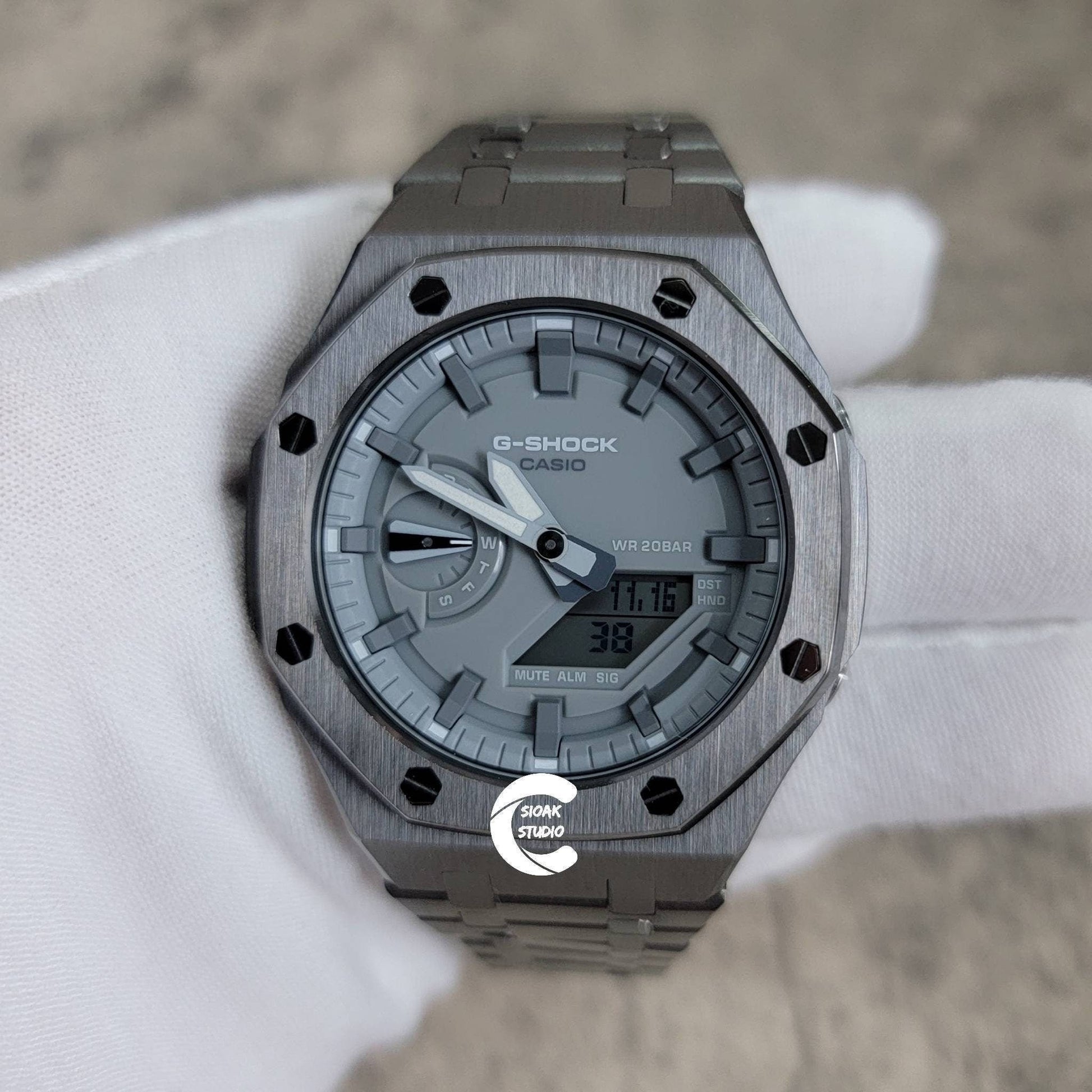 Casioak Mod Watch Gray Case Metal Strap Gray Time Mark Gray Dial 44mm - Casioak Studio