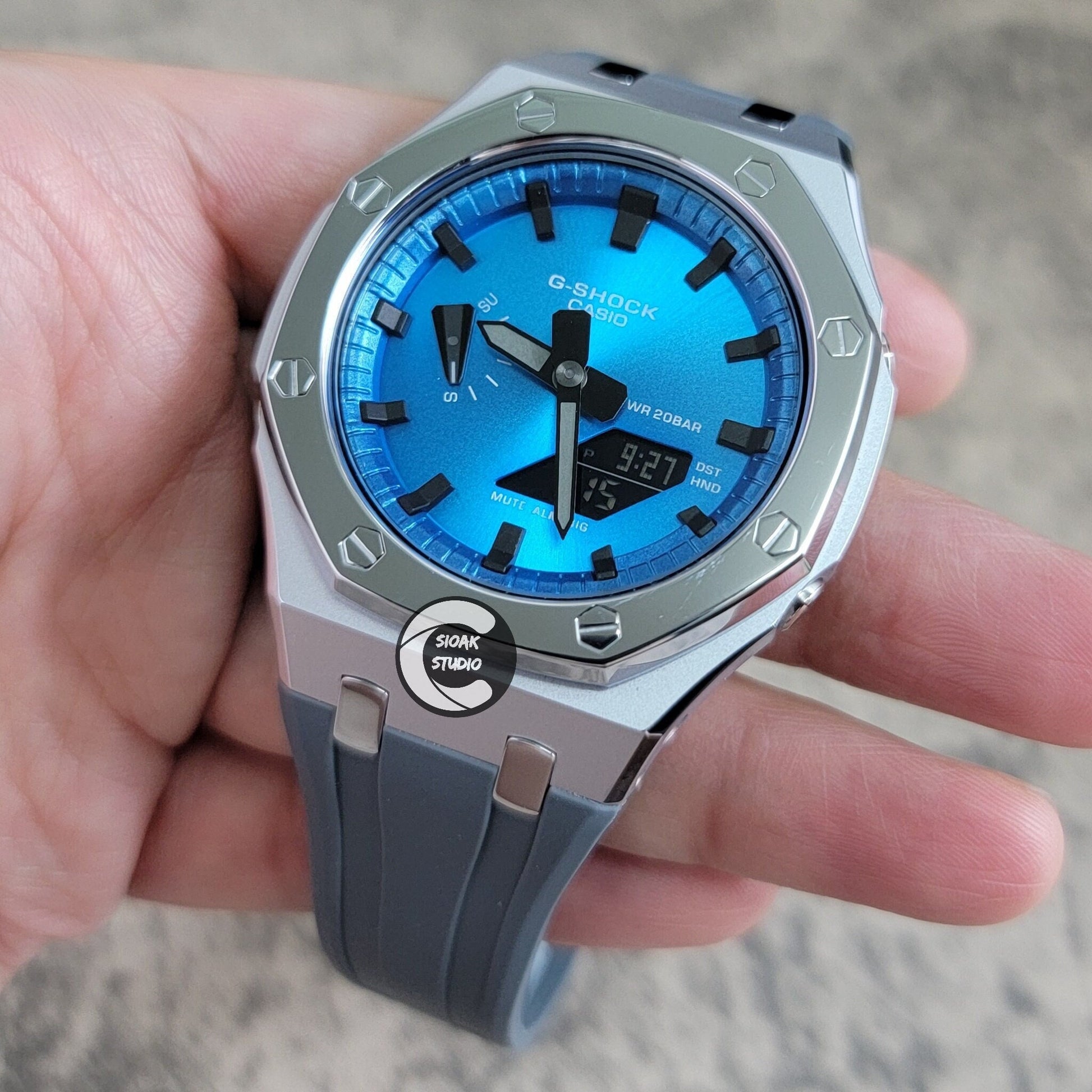Casioak Mod Watch Polished Silver Case Grey Strap Blue Black Time Mark Metallic Blue Dial 44mm - Casioak Studio
