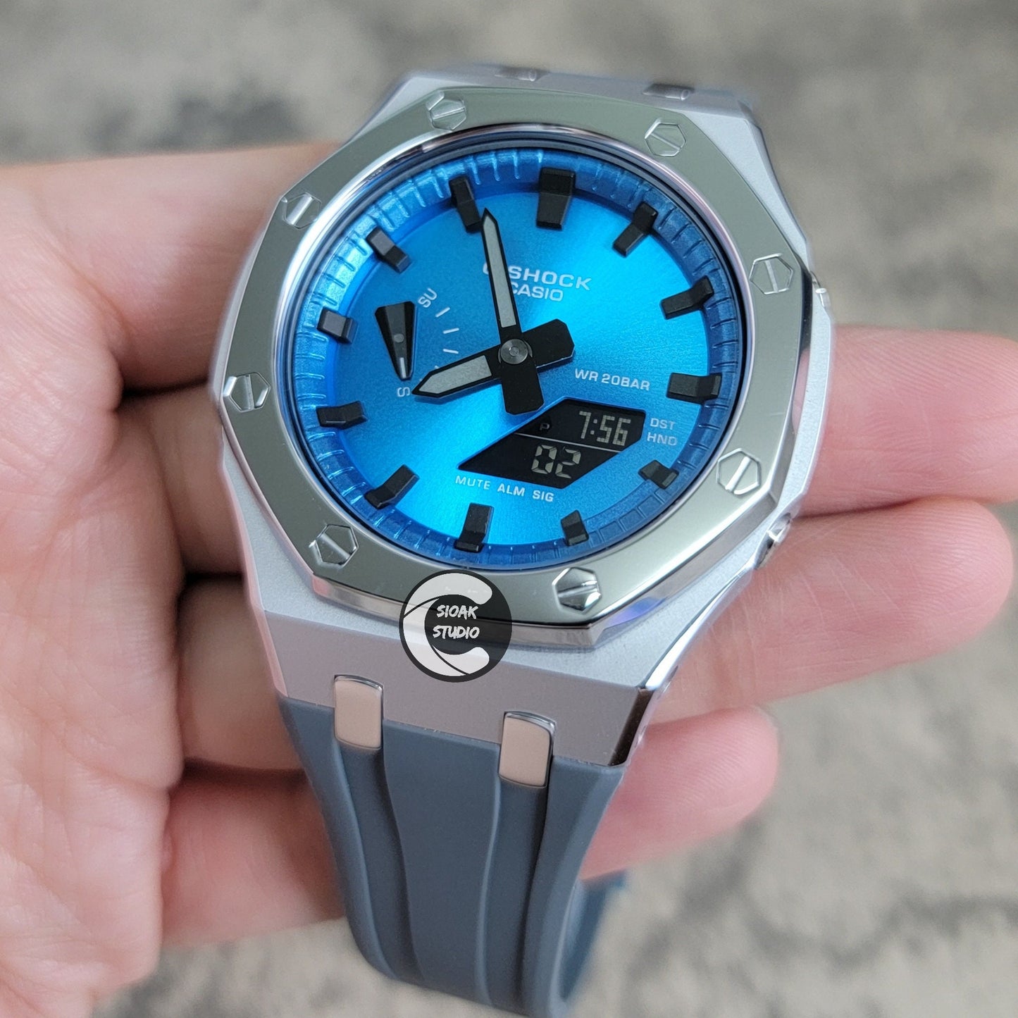 Casioak Mod Watch Polished Silver Case Grey Strap Blue Black Time Mark Metallic Blue Dial 44mm - Casioak Studio