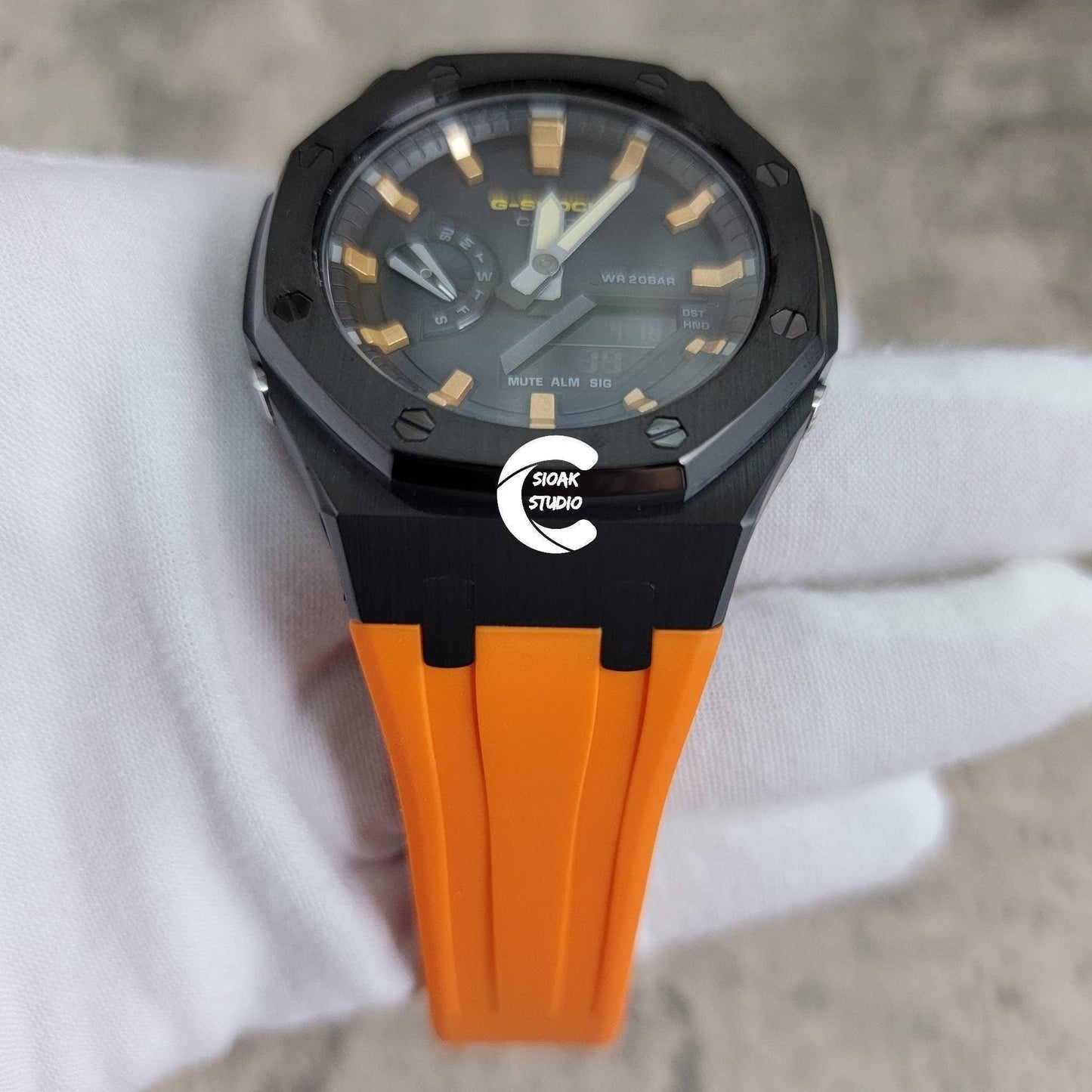 Casioak Mod Watch Black Case Orange Rubber Strap Black Gold Time Mark Black Dial 44mm - Casioak Studio