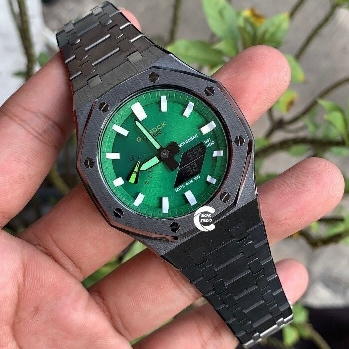 Casioak Mod Watch Gray Case Metal Strap Green White Time Mark Green Dial 44mm - Casioak Studio