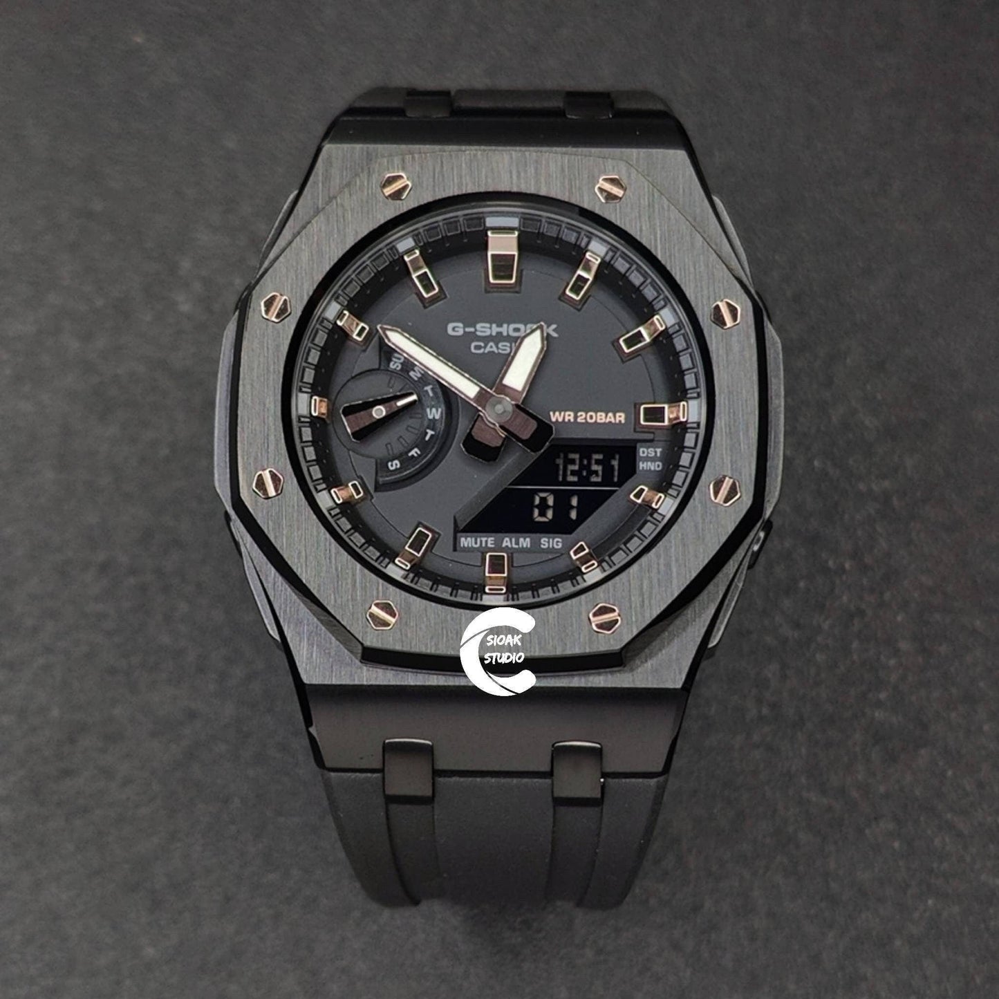 Casioak Mod Watch Offshore Superior Black Case Black Rubber Strap Black Rose Gold Time Mark Black Dial 42mm - Casioak Studio