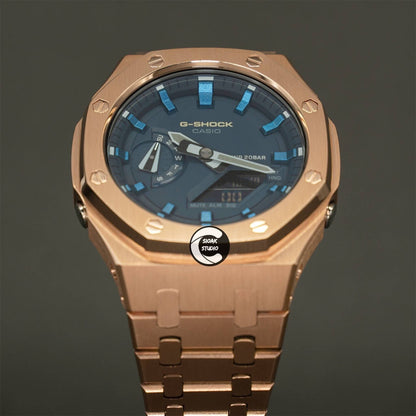 Casioak Mod Watch Rose Gold Case Metal Strap Blue  Blue Time Mark Blue Dial 44mm - Casioak Studio