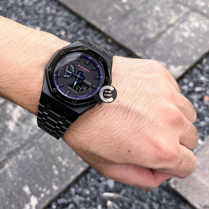 Casioak Mod Watch Polished Black Case Metal Strap Purple Black Time Mark Black Dial 44mm - Casioak Studio