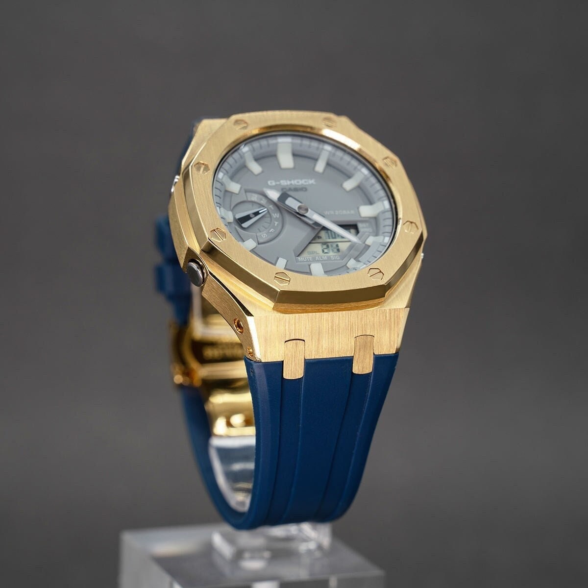 Casioak Mod Watch Gold Case Blue Rubber Strap Gray Luminous Time Mark Gray Dial 44mm - Casioak Studio