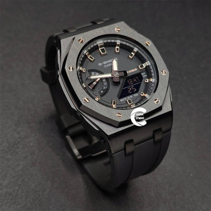 Casioak Mod Watch Offshore Superior Black Case Black Rubber Strap Black Rose Gold Time Mark Black Dial 42mm - Casioak Studio