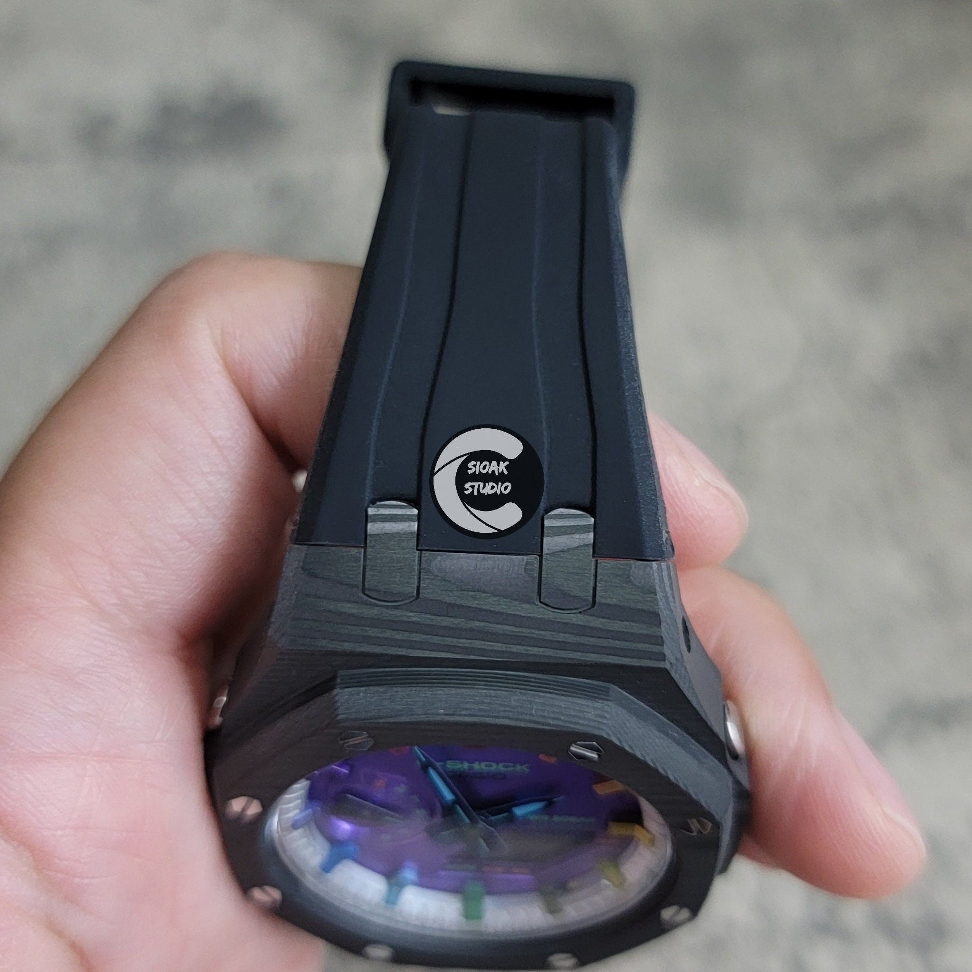 Casioak Mod Watch Carbon Fiber Black Case Black Strap Silver Rainbow Time Mark Purple Dial 44mm - Casioak Studio